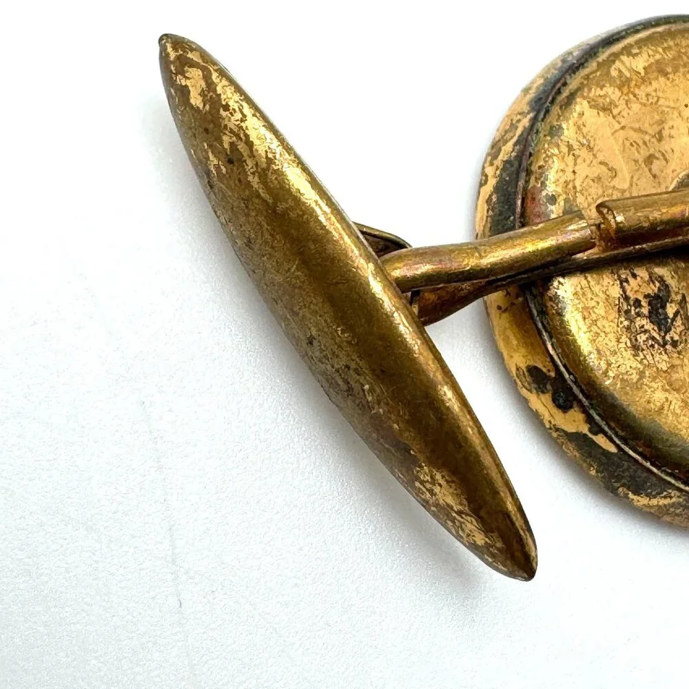 Vintage Gold Tone Ship Design Round Button Cufflinks With Chain Link Style